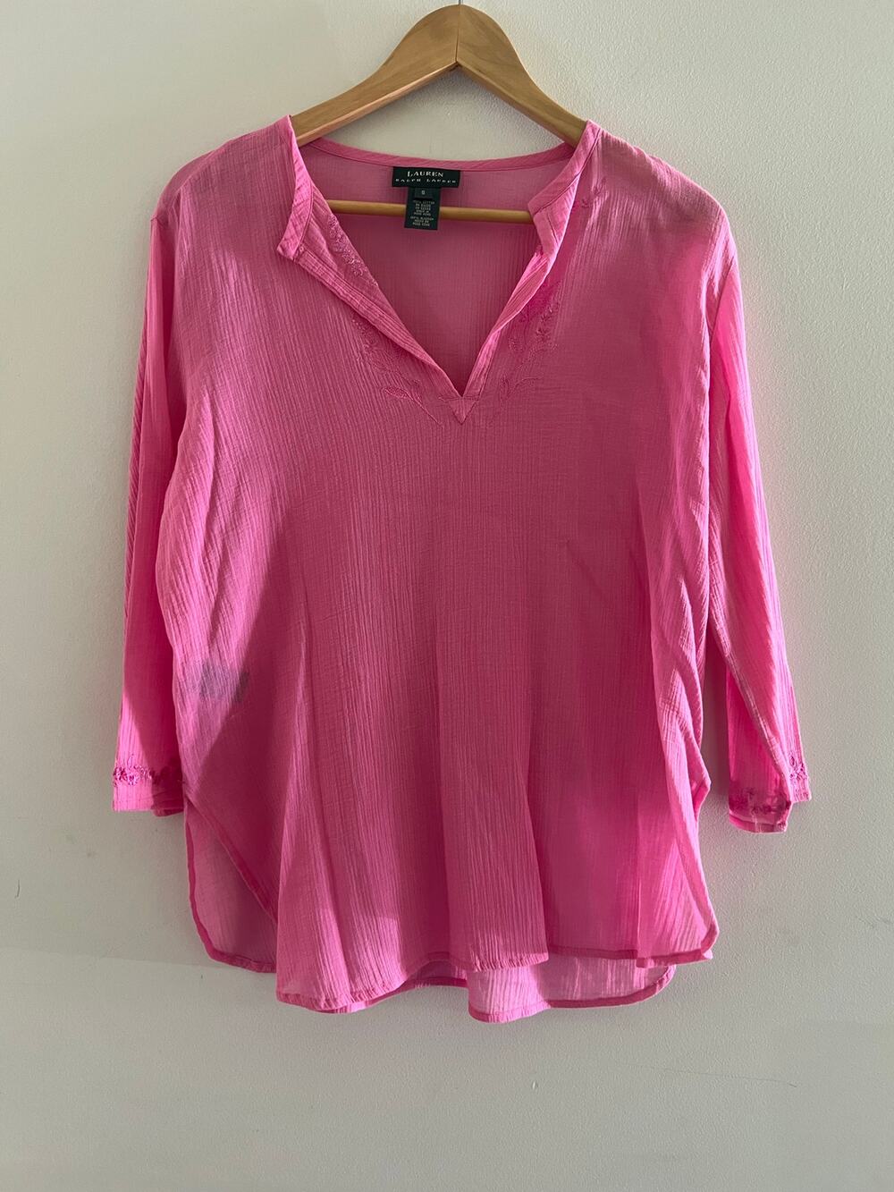 Ralph Lauren V-Neck Pullover Blouse Sheer Pink Size Small JL